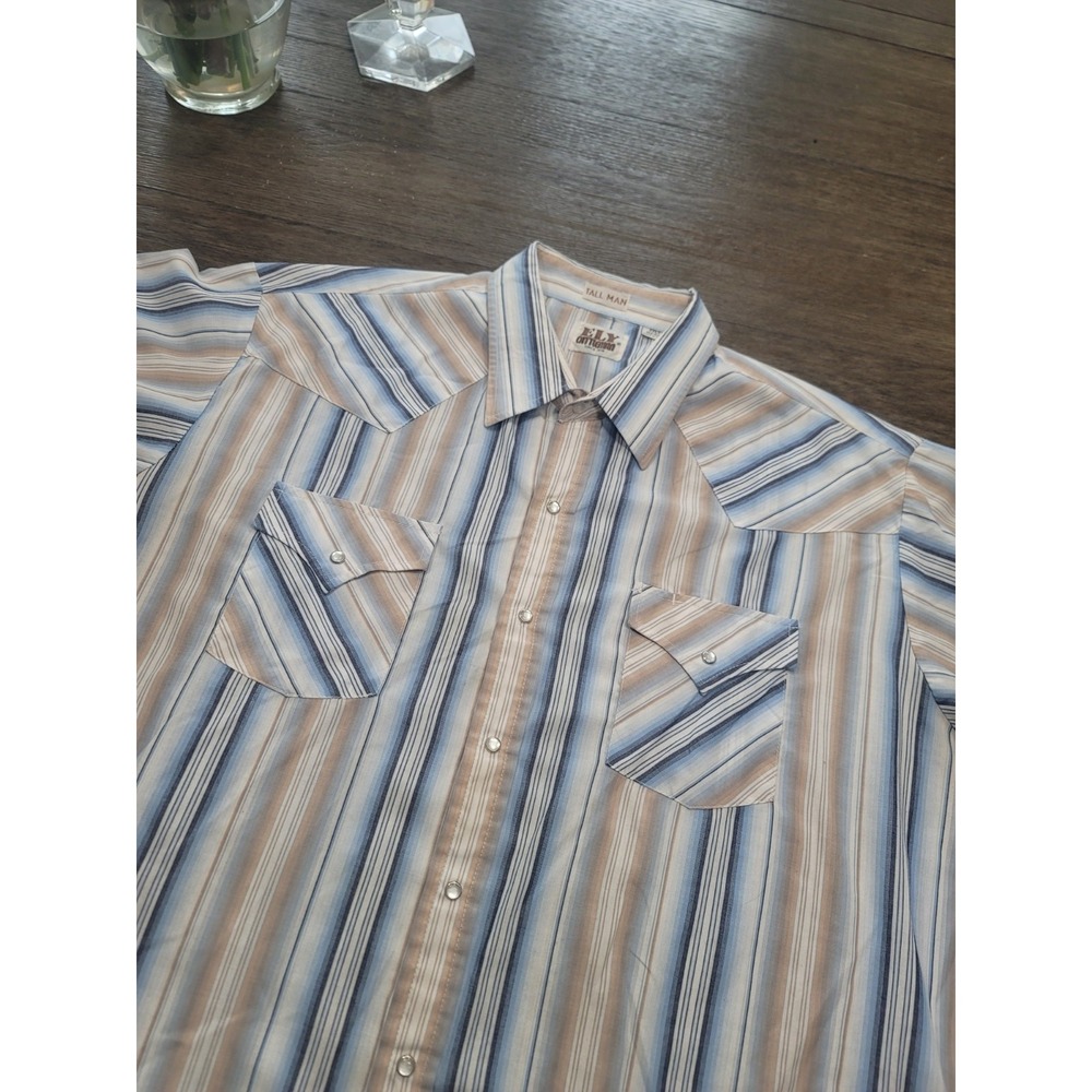 Vintage Ely Cattleman Mens Medium Shirt Pearl Snap White Beige Striped Western
